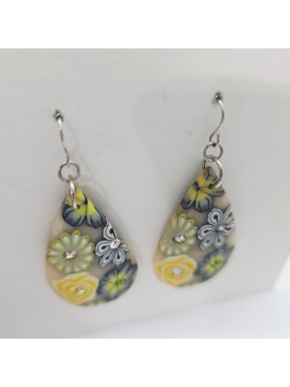 Floral Teardrop Earrings Yellow And Blue Flowers & Rhinestone Polymer 2.75 - Picture 3 of 5